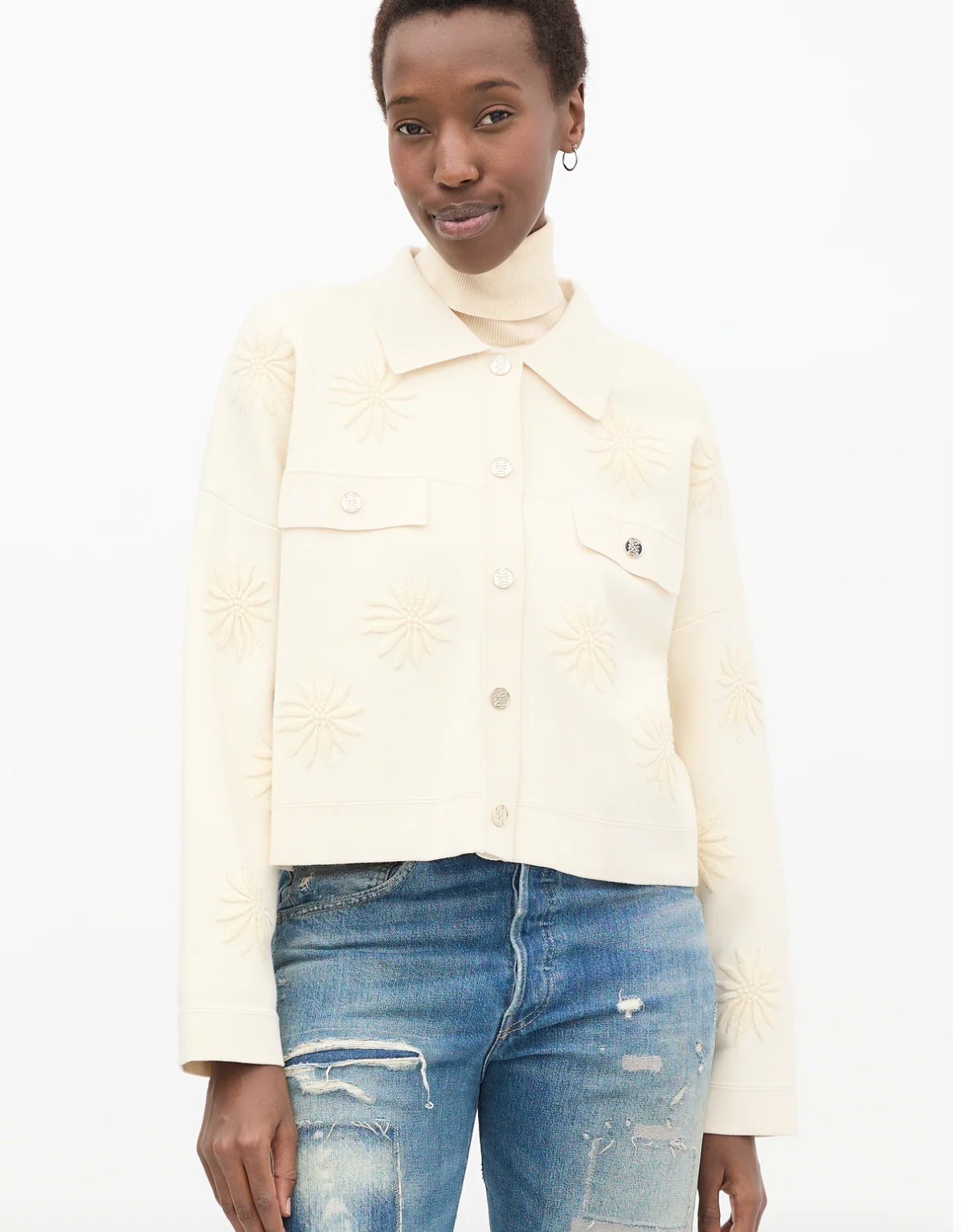 Sandro - Floral Embossed Button-Down Cardigan Jacket - Cream - Size S (3928226966563660268)