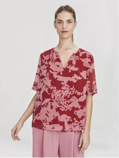 Juliette Hogan - V-Neck Short Sleeve Silk Top - Olive & Pink - Size S (3928227393376766971)