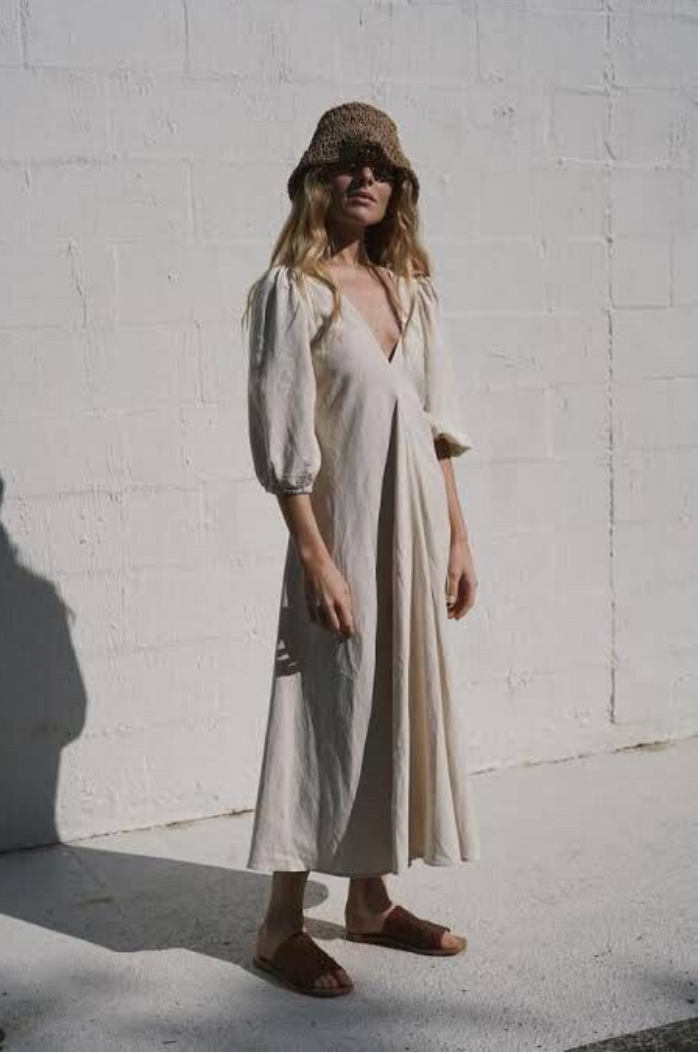 St. Agni - Sunday dress - Puff Sleeve V-Neck Midi Dress -  Oatmeal - Size S (3928252999971229007)