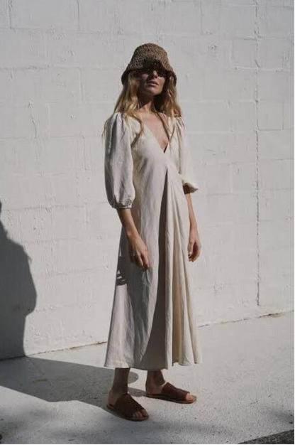St. Agni - Sunday dress - Puff Sleeve V-Neck Midi Dress -  Oatmeal - Size S (3928252999971229007)