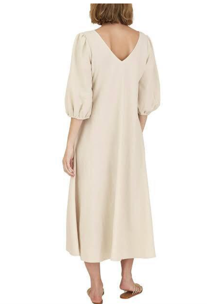 St. Agni - Sunday dress - Puff Sleeve V-Neck Midi Dress -  Oatmeal - Size S (3928253004066341278)