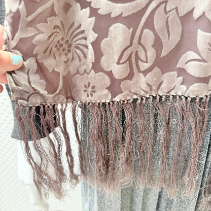 Silk - Floral Jacquard Fringe Scarf - Dusty Rose & Taupe (3928680020582657908)