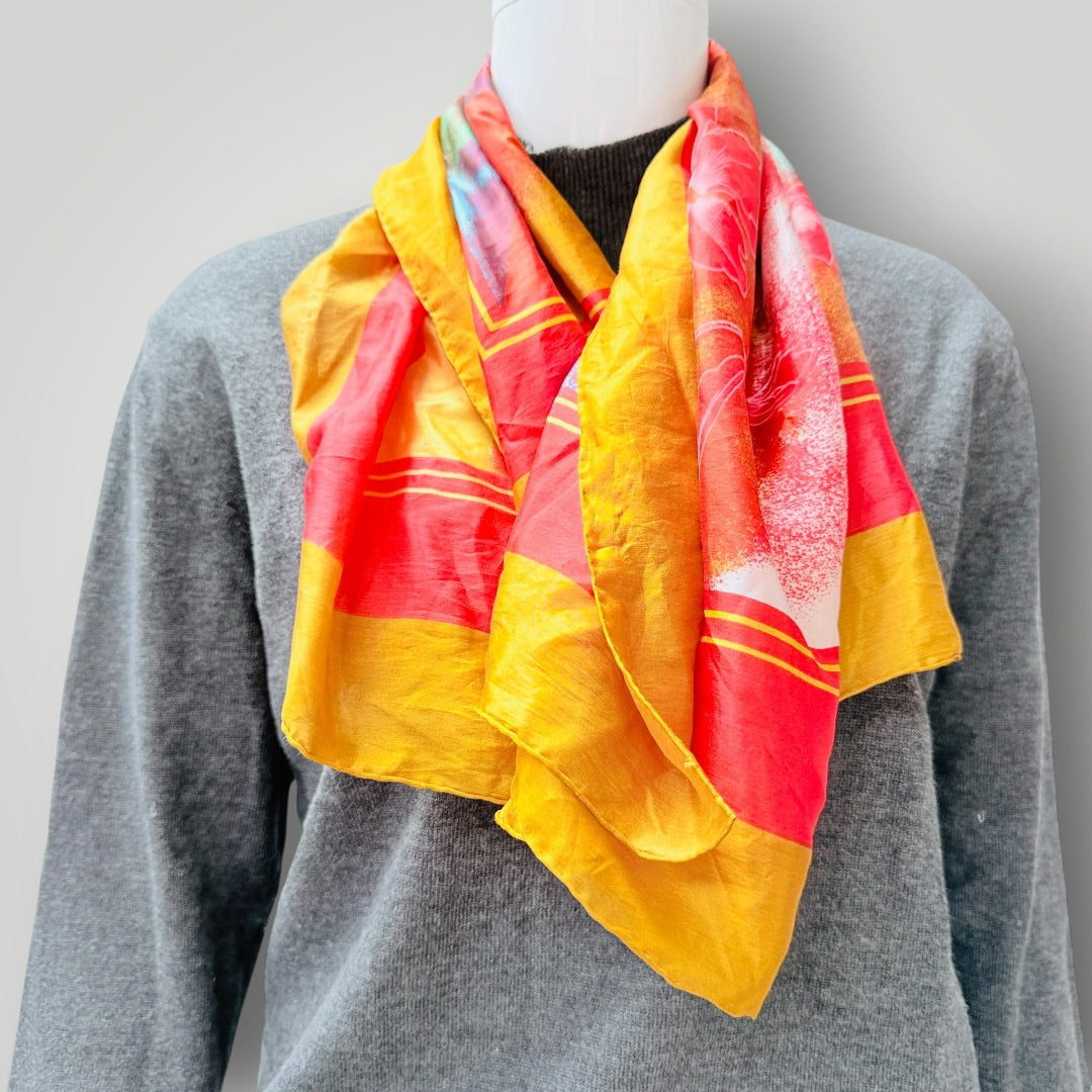 1970s vintage - Poppy Floral Print Silk Scarf - Orange & White (3928682257537518028)