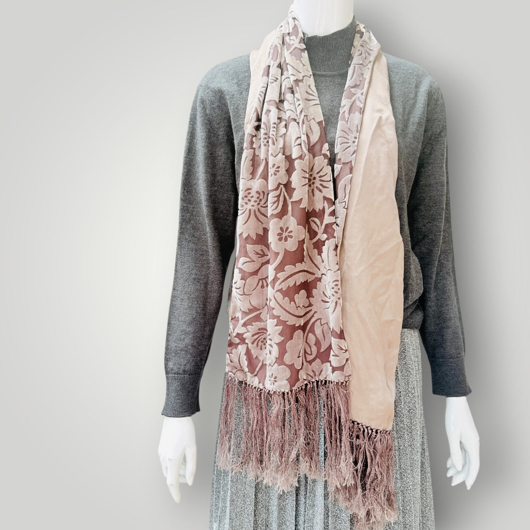 Silk - Floral Jacquard Fringe Scarf - Dusty Rose & Taupe (3928682261376809878)