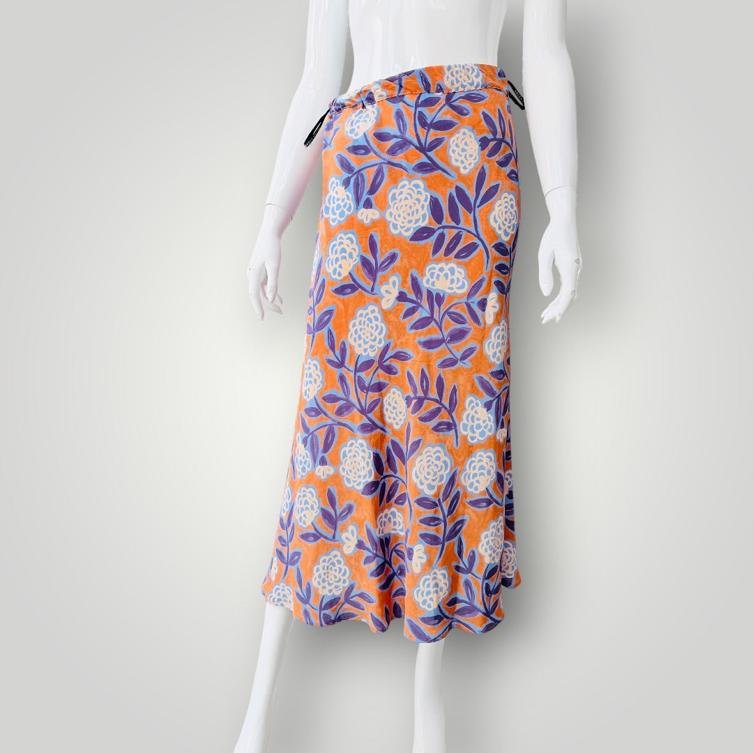 Helen Cherry - Floral Silk Midi Skirt - NZ Made - Orange & Purple - Size 10 (3928749606532906933)