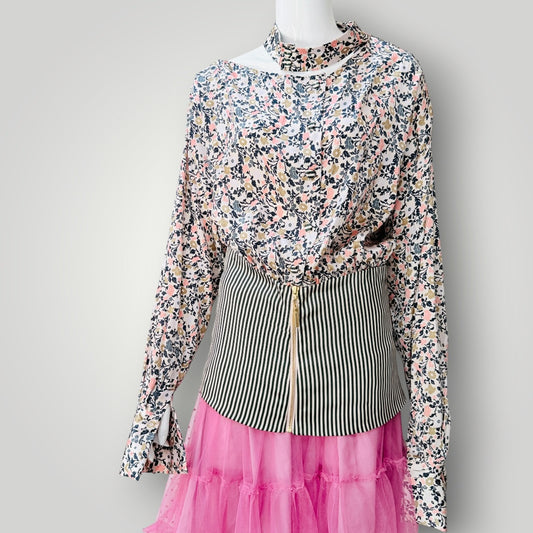 Silvia Tcherassi - Raelynn Floral Silk Blouse - Rose Garden Stripes - Size L (3928749652699577720)