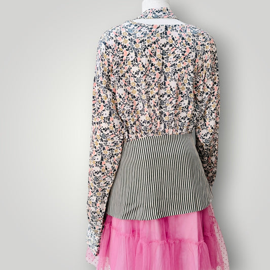 Silvia Tcherassi - Raelynn Floral Silk Blouse - Rose Garden Stripes - Size L (3928749655810110434)