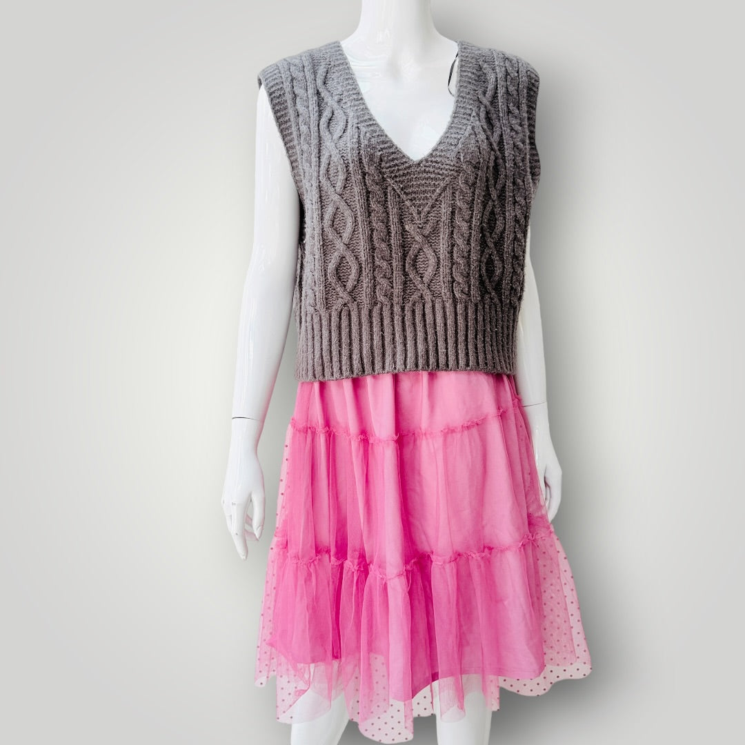 Zara - Cable Knit V-Neck Sweater Vest - Grey - Size S (3928749665404874237)