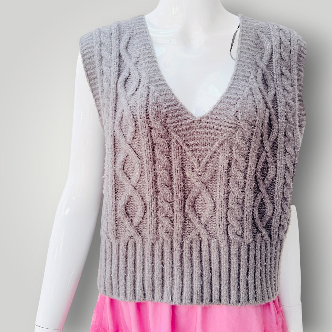 Zara - Cable Knit V-Neck Sweater Vest - Grey - Size S (3928749668218780236)
