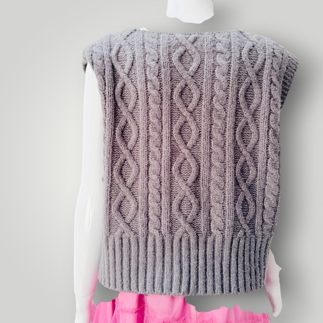 Zara - Cable Knit V-Neck Sweater Vest - Grey - Size S (3928749672305260224)