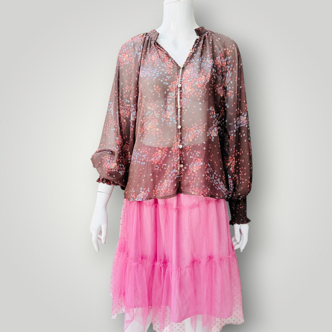 Minkpink - Floral Sheer Button-Up Blouse - Brown - Size L (3928749692587393344)