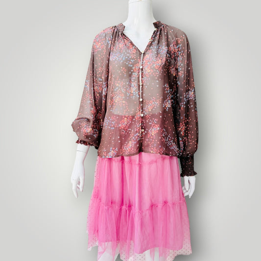 Minkpink - Floral Sheer Button-Up Blouse - Brown - Size L (3928749692587393344)