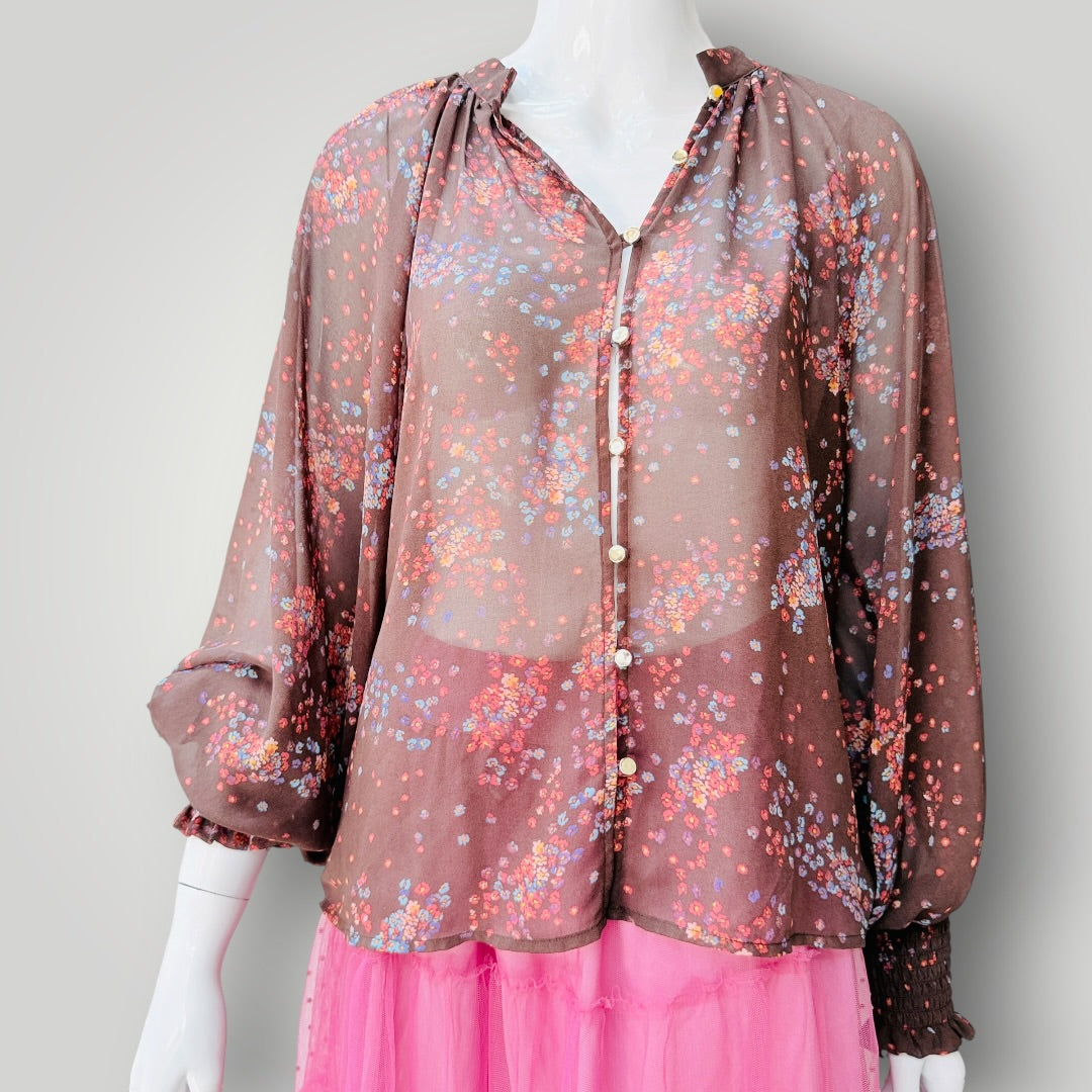 Minkpink - Floral Sheer Button-Up Blouse - Brown - Size L (3928749694335018818)