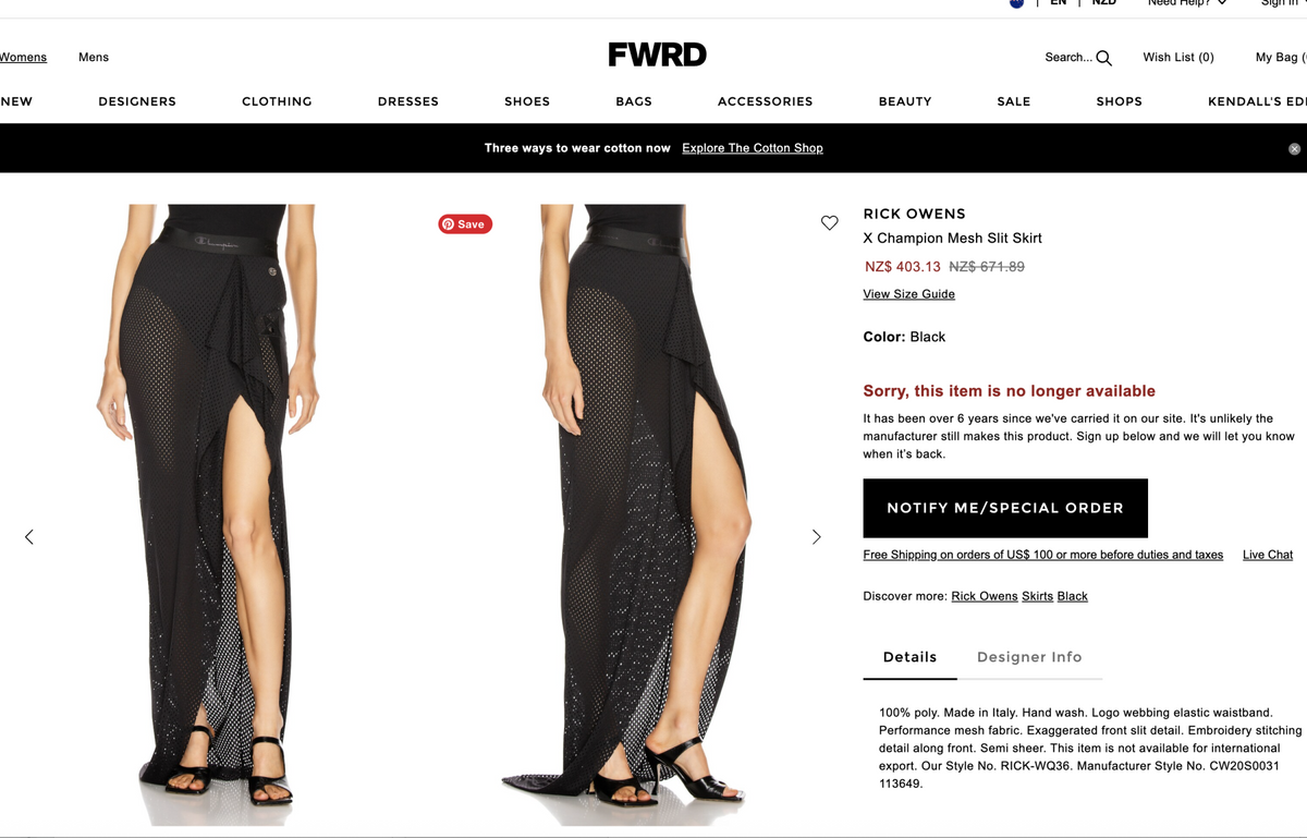 Rick Owens x Champion - Mesh Asymmetric Draped Skirt - Black - S (3928752207177792070)