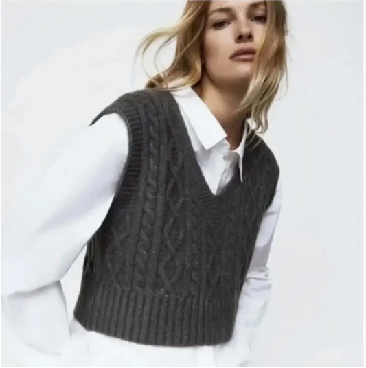 Zara - Cable Knit V-Neck Sweater Vest - Grey - Size S (3928831659907679465)