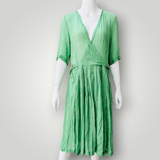 Kate Sylvester  - Silk Midi Dress - Apple Green - Size L- Made in NZ (3928929392092372749)