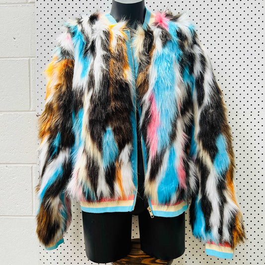 AUGUSTINE 'bengali' / colourful faux fur jacket / M